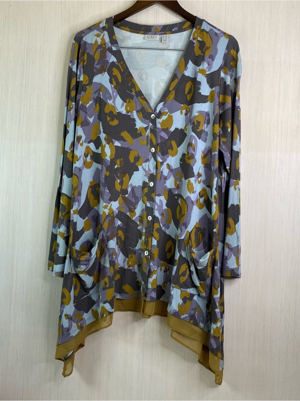 LOGO by Lori Goldstein Abstract Print Button Front Cardigan Multicolor 1X